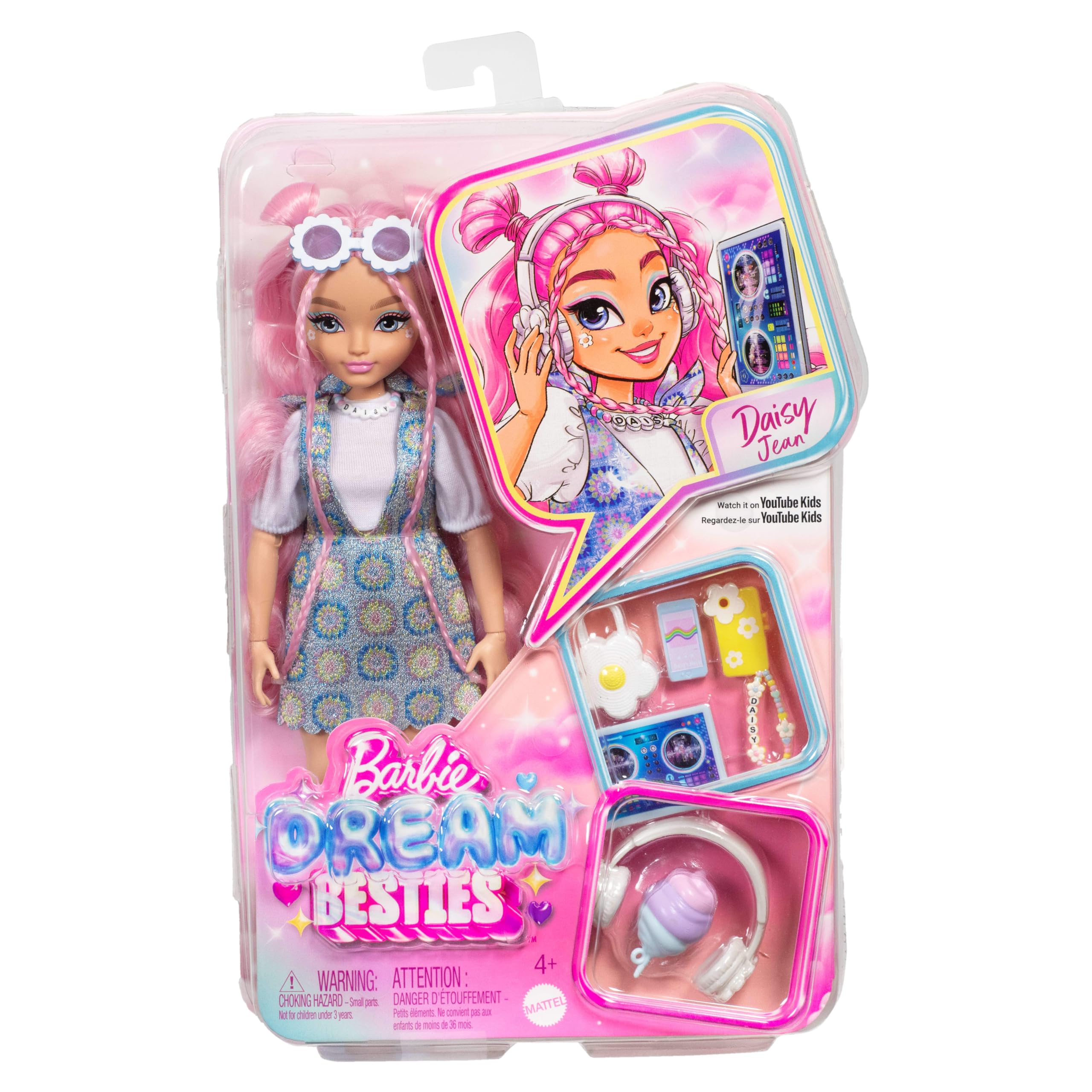 Barbie Lalka Dream Besties i akcesoria, ruchoma lalka Daisy Jean z wyjmowanymi modami i falującymi różowymi włosami, 9 utworów o tematyce DJ-skiej i muzycznej, JDD74