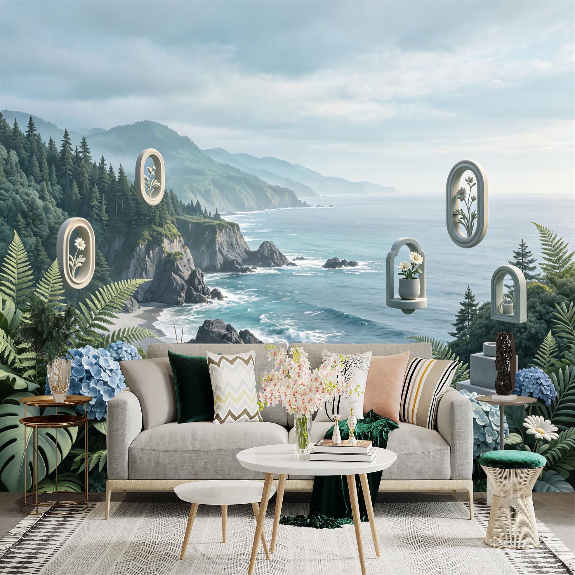 Lnzczhyre Bh260719358 Custom Size Wall Sticker Mural， Coastal Ocean Cliff， Misty Forest Scenery， Floating Geometric Flower Frames， For Wall Decoration， Peelandstick Wall Decals.