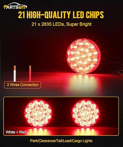Miniatura 10 de Partsam Luz trasera redonda de 4 pulgadas, 21-2835 LED, luces auxiliares azules, luz de carga de carga con 1156 zócalo TPE, lente transparente de