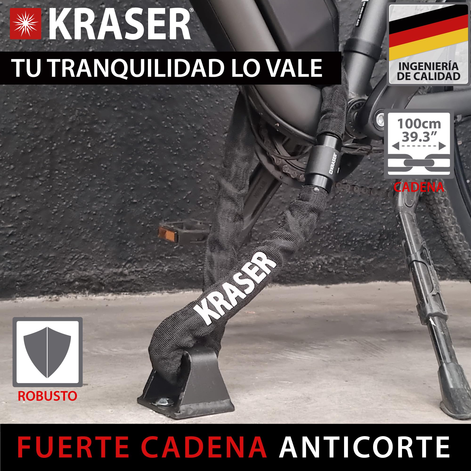 KRASER KR620 Candado Bicicleta Cadena Antirrobo de Acero ø6mm, Cerradura Seguridad, Tapa Giratoria, Cadena Ligera Candado Antirobo Motocicleta, Bloqueo Rueda Universal Moto, Scooter, Bicicleta, 100cm