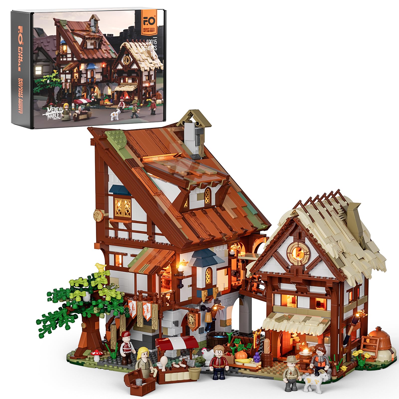 FUNWHOLE Medieval Marketplace Building Block Set with LED - 2614 Bricks Medieval Town Square Model for Adults & Teenagers with Armoury, Bakery, Town Hall & Light Effects