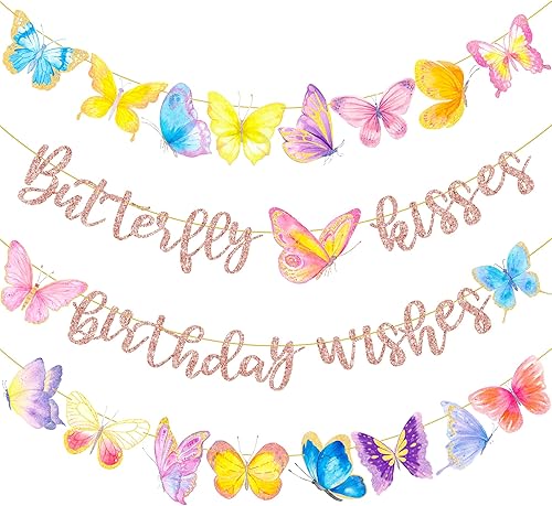Decoraciones de besos de mariposa y deseos de cumpleaños, pancarta de deseos de cumpleaños con purpurina de oro rosa, decoraciones de fiesta de