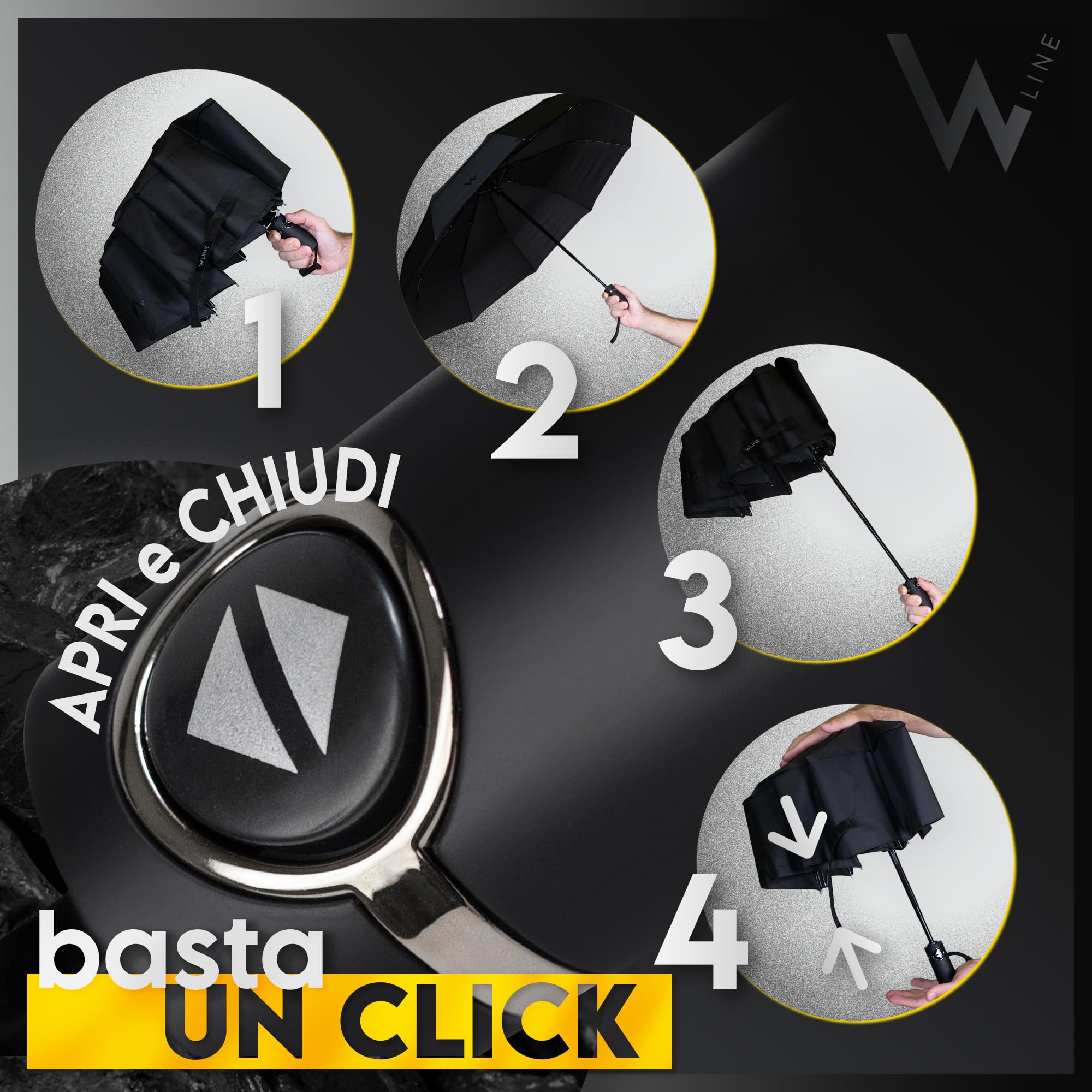 WLine Wind Ombrello Pieghevole Antivento da Pioggia con 10 Aste Rinforzate e Tela Idrorepellente 210T - Ombrello Portatile Resistente Apri e Chiudi Automatico, Diametro 104cm (Nero con Custodia)