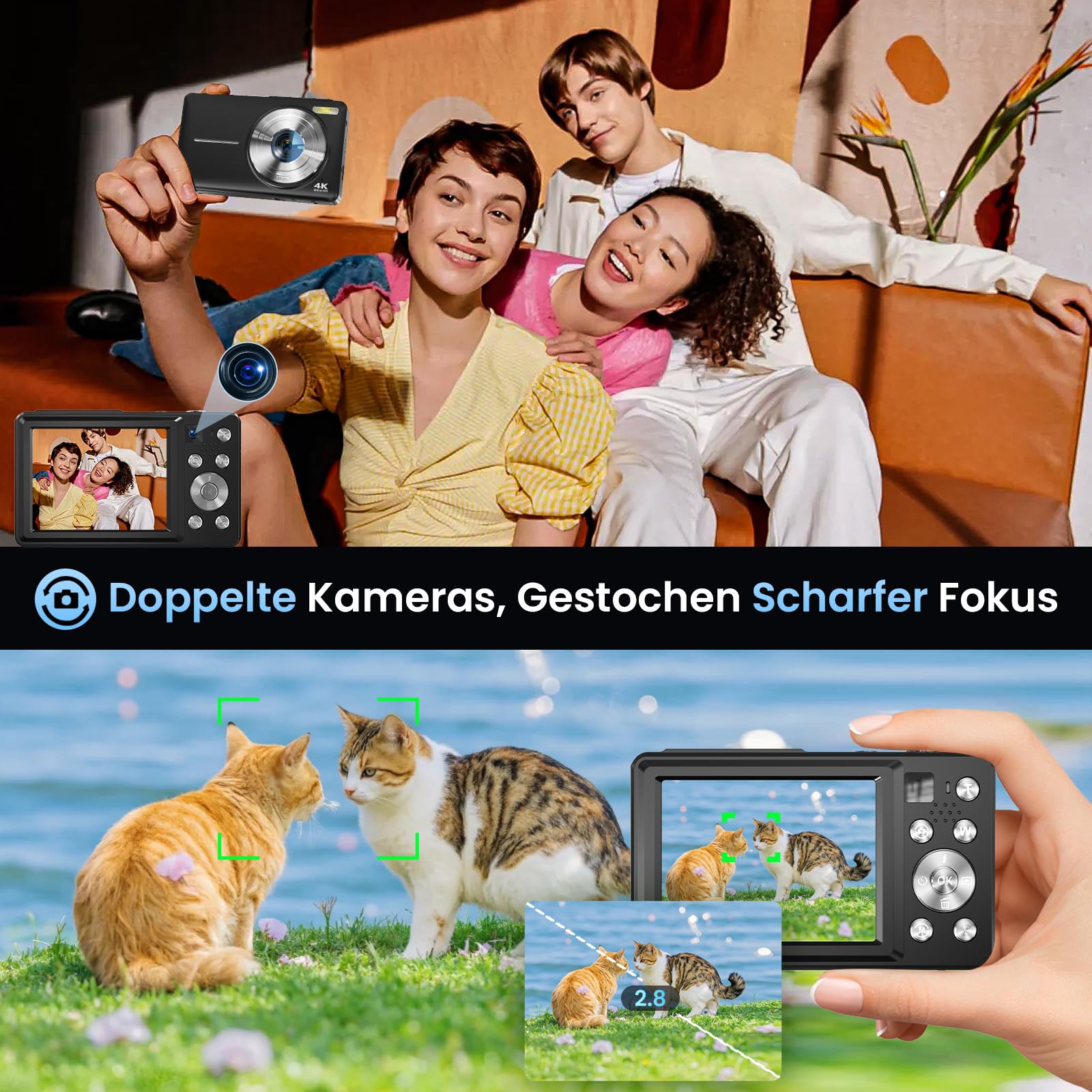 Digitalkamera Kamera Fotokamera 4K 64MP mit Autofokus, Dual-Objektiv, 2,8-Zoll Bildschirm, 16X Digitalzoom, Zwei Akkus, 32GB Karte für Jugendliche, Anfänger, Kinder
