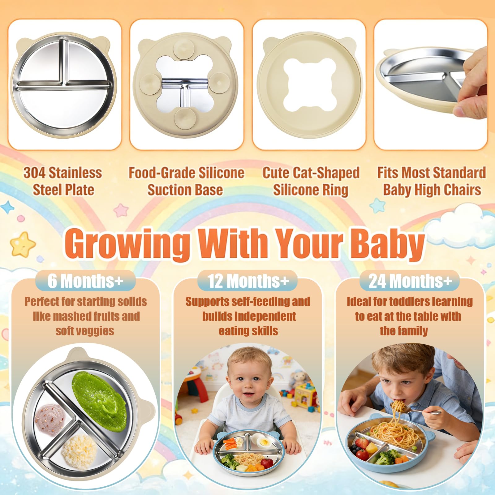 2 piatti per bambini in acciaio inox con ventosa, a prova di caduta, con custodia in silicone rimovibile, lavabili in lavastoviglie