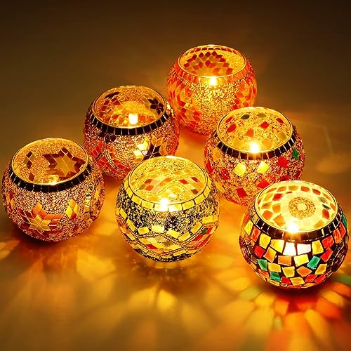 Eccliy Juego de 6 portavelas votivas de vidrio mosaico decorativo portavelas para té portavelas perfumadas soporte de mesa manchada decoración para