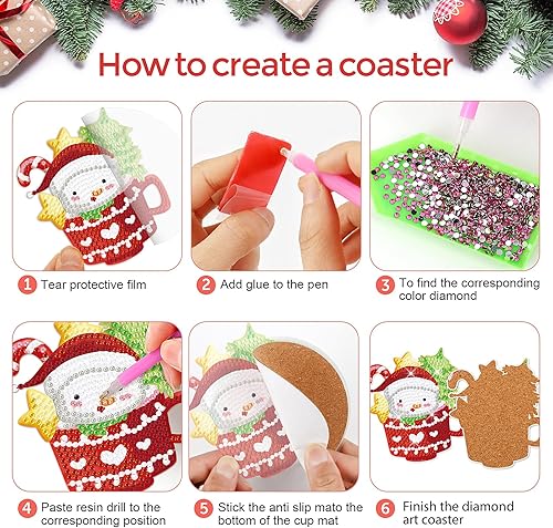 Miniatura 7 de 8 posavasos de arte de diamantes de Navidad, kits de posavasos de arte de diamantes de Papá Noel con soporte para principiantes, adultos, niños,