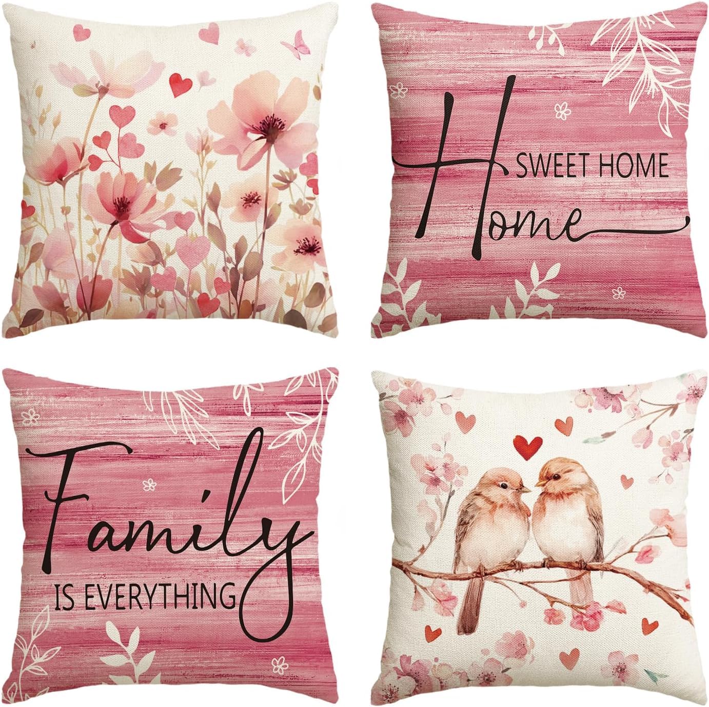 BREASOME Cushion Covers 45 x 45 cm Set of 4 Pink Floral and Birds Cushion Covers Soft Decorative Square Throw Pillow Cases for Sofa Couch Bedroom Living Room — image 1