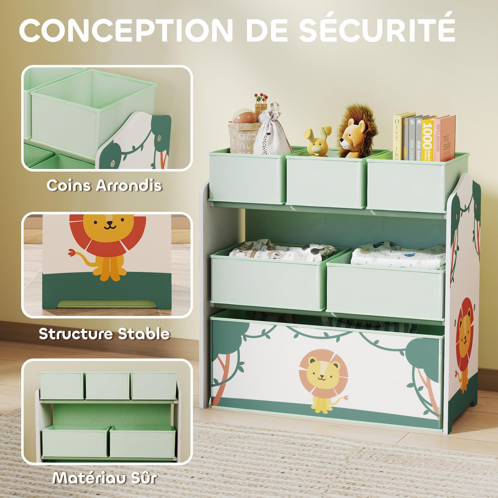 AIYAPLAY Mobile portaoggetti per bambini a 3 livelli, scaffale portaoggetti per giocattoli per bambini con 6 scatole in tessuto rimovibili, per cameretta dei bambini, sala giochi, asilo nido, verde