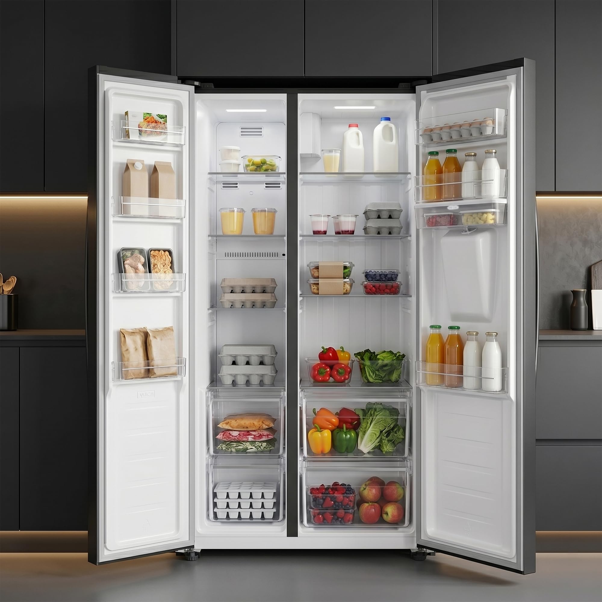 Side-by-Side Kühlschrank 439 L – Total No Frost, Inverter-Kompressor, Wasserspender – amerikanischer Kühlschrank mit Doppeltür, Dunkelgrau, Energieeffizienzklasse E – HSBS-HM439NFINVDGWDE