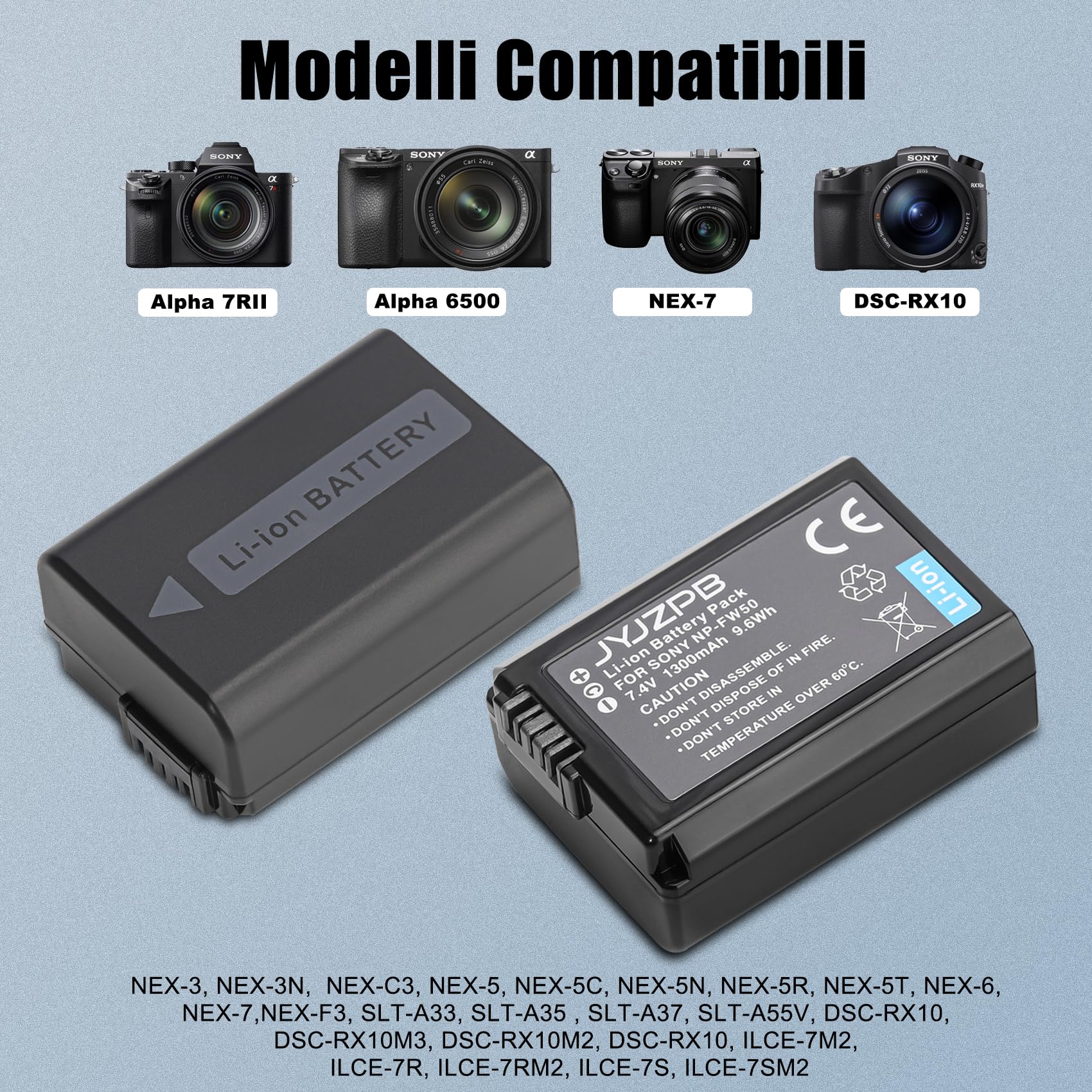 JYJZPB NP-FW50 Batteria di Ricambio e Caricabatteria per Sony ZV-E10 Alpha A6400L A6000 A6400 A6500 A6300 A6100 A7 A7II A7RII A7SII A7S A7S2 A7R A7R2 A5100