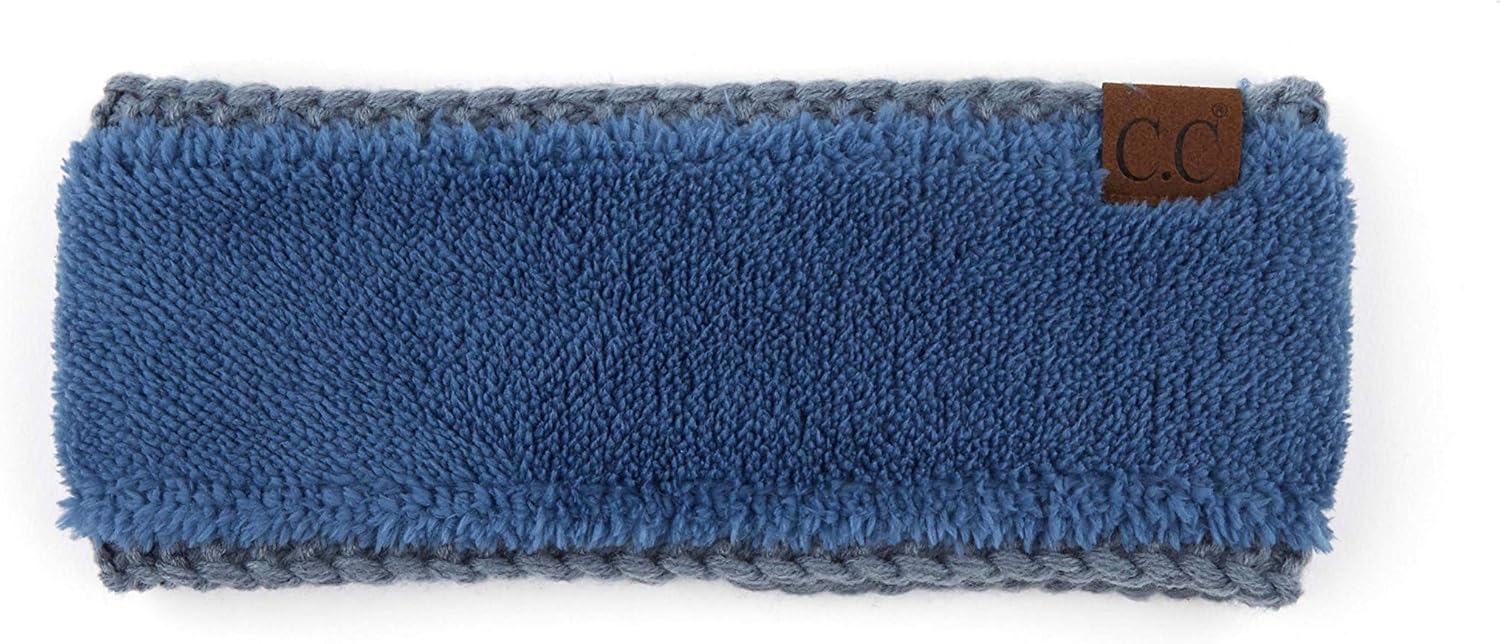 C.C Winter Fuzzy Fleece Lined Thick Knitted Headband Headwrap Epoxy Button for Face Masks (BHW-1) (A Button Steel Blue) - Image 5