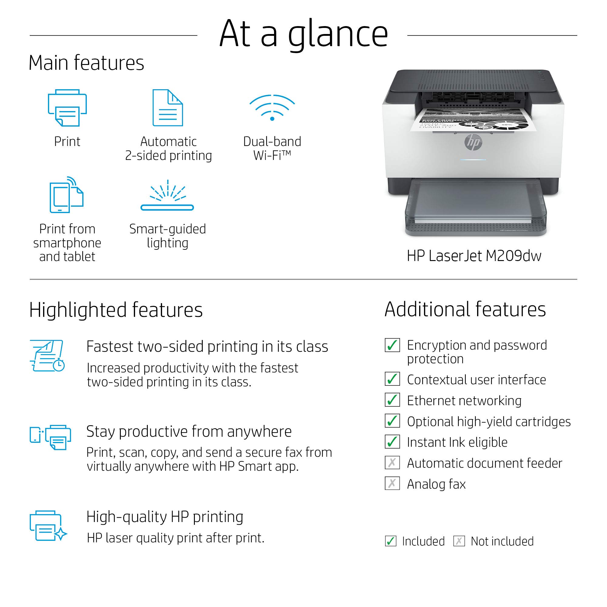 Amazon.com: HP LaserJet M209dw Wireless Monochrome Printer with built-in  Ethernet & fast 2-sided printing, Instant Ink ready (6GW62F) : Electronics