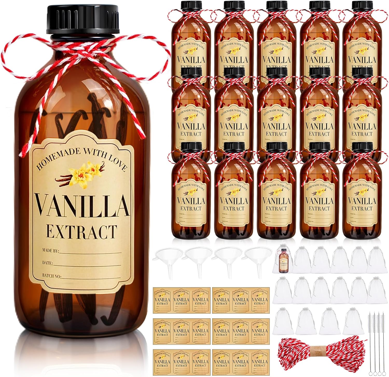 16Pcs 8 oz Amber Glass Bottle Boston Round Bottles for Vanilla Extract Homemade,Brown Vanilla Extract Bottles with Caps for Syrup Gift Glass Food Storage Canister and Sauce Beans
