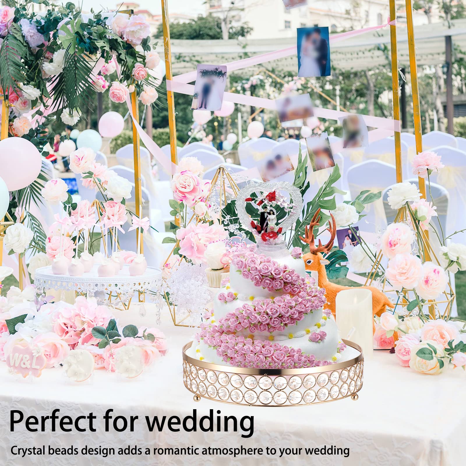 BSTKEY 12 inch Round Cake Stand with Crystal Beads Decor, Cookies Fruit Serving Tray Display Tray, Cupcake Stand Dessert Stand for Wedding Birthday Party Afternoon Tea Supplies Centerpiece, Gold