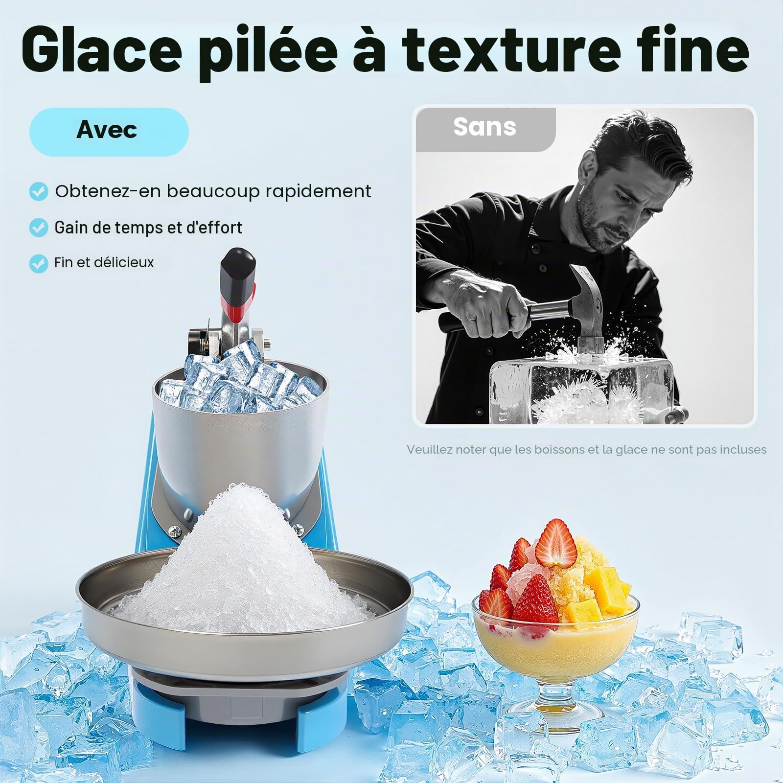 Broyeur à glace électrique, en acier inoxydable, capacité de glace pilée 65 kg/h, pour boissons froides, milkshakes, bleu