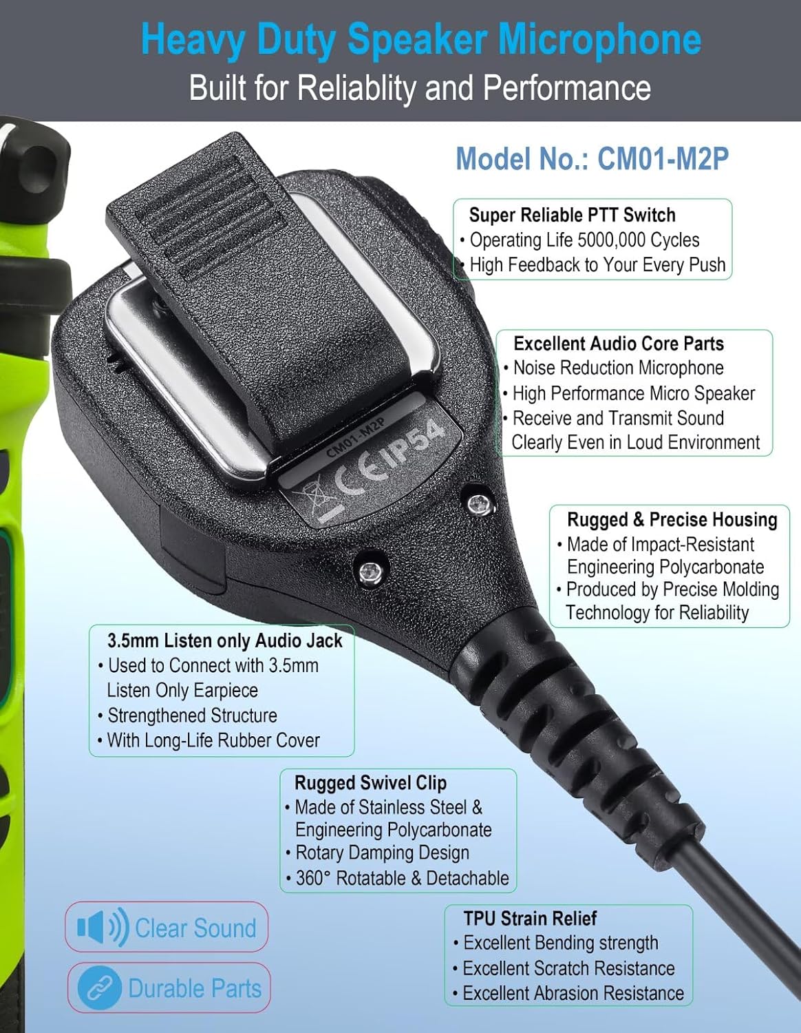 commountain Speaker Mic for Motorola Radios R2 CP100D CP200D CP200 CP185 CLS1410 CLS1110 BPR40D BPR40 RDU4100 RDU4160D RMU2040 RMU2080D CLS RDU RMU, PMMN4013 PMMN4013A 2 Pin Shoulder Microphone - Image 4