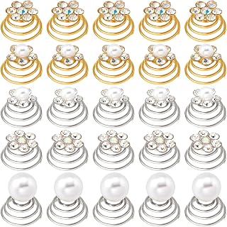 OIIKI 25PCS Rhinestone Pearl Spirals Hair Clips, Sparkle Crystal Flower Pearl Coil Hair Jewelry Clips, Hair Decorative Accessories for Bridal, Bridesmaid Flower Wedding Party Prom (5 Styles)