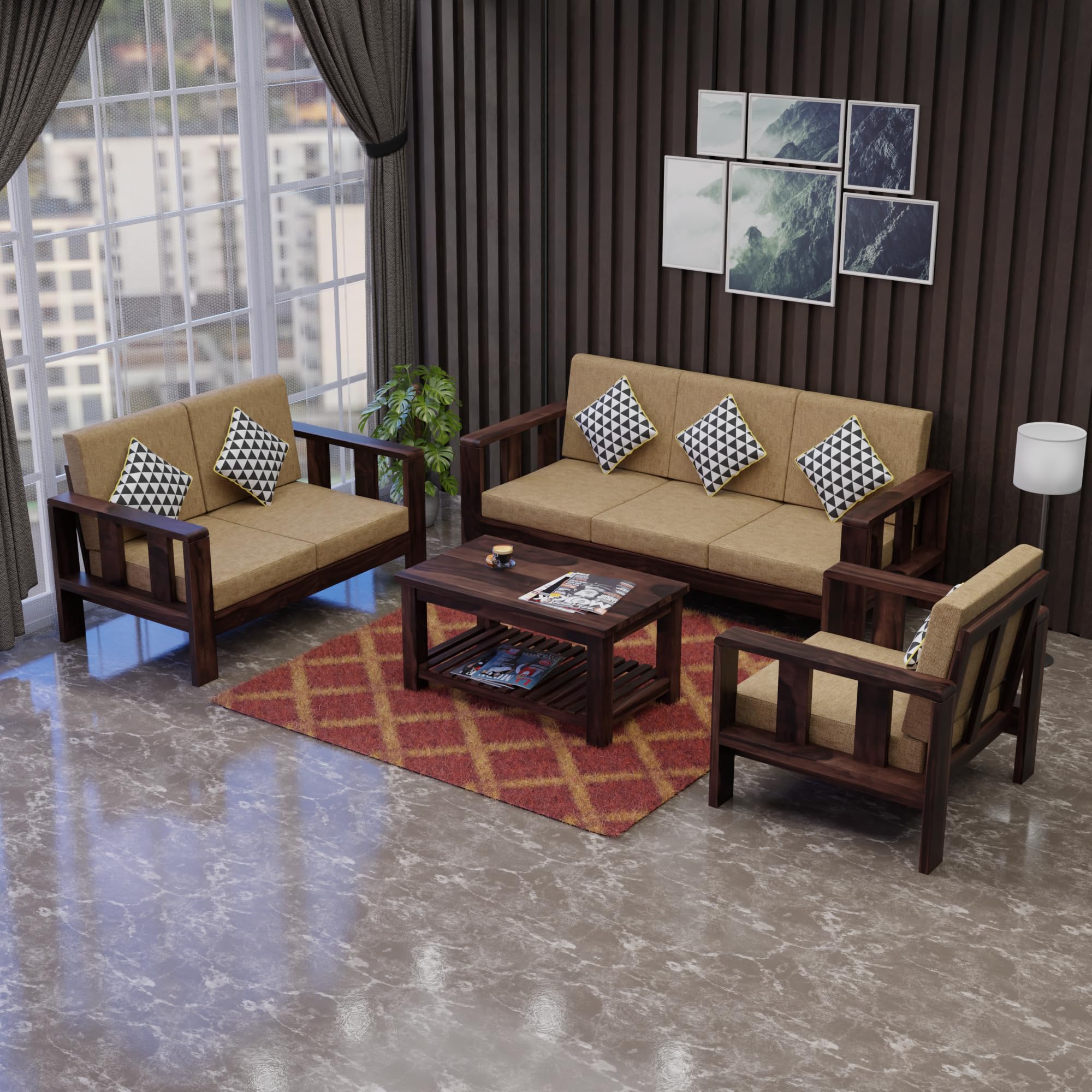 Krishna Wood Decor Sheesham Wood 6 Seater Sofa Set for Living Room Home Office Solid Wood 6 Seater Sofa Set | Finish :- Walnut & Beige |((3+2+1) Without Coffee Table)