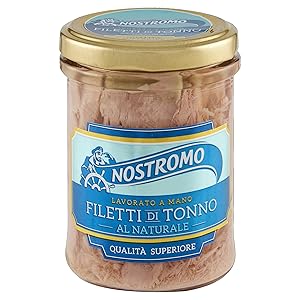 Nostromo – Filetti di Tonno al Naturale, Qualità Superiore, Lavorati a Mano, 1 Vasetto in Vetro da 180 gr