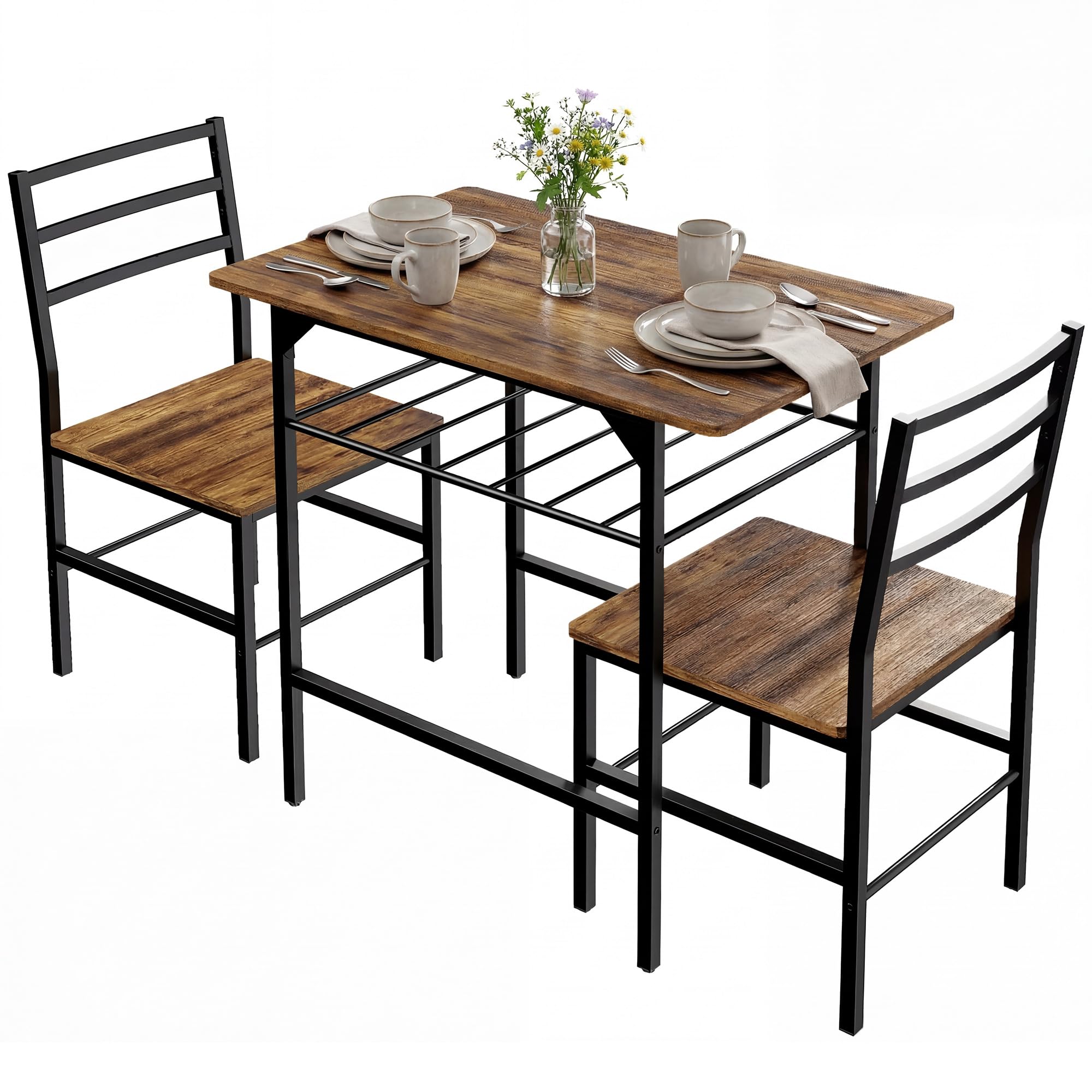 HOMCOM Ensemble Table Salle à Manger avec 2 chaises, Table de Cuisine pour 2 Personnes, étagère de Stockage, Cadre métallique, Style Industriel, idéal pour Espace réduit, Brun Rustique