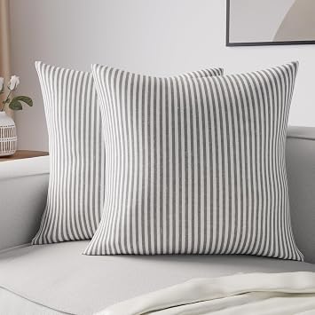 Encasa XO Farmhouse Throw Pillow Covers Set of 2 18x18 in Ticking Black | Decorative Cushion Covers No Inserts | Plaid and Stripes Pillow Covers for Living Room, Couch