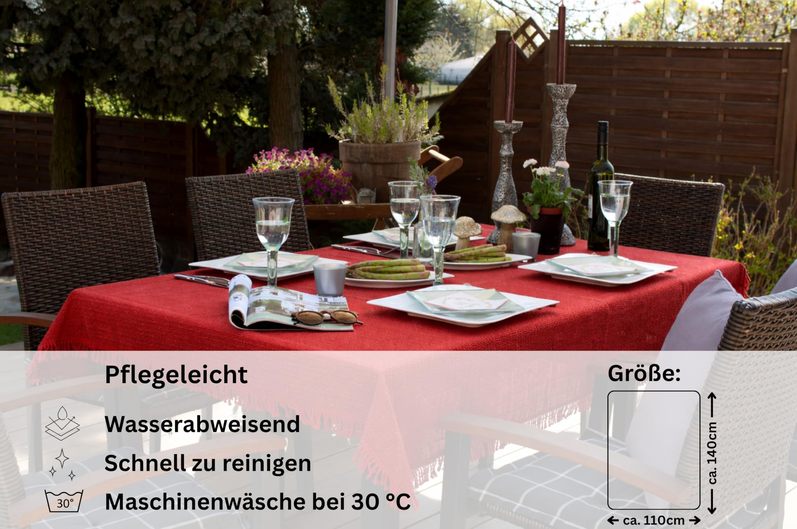 Brandsseller Tovaglia da giardino 110x140 cm Tela con frange Biancheria da tavola esterno rettangolare schiumata per giardino, terrazza, balcone resistente alle intemperie antiscivolo - Rosso