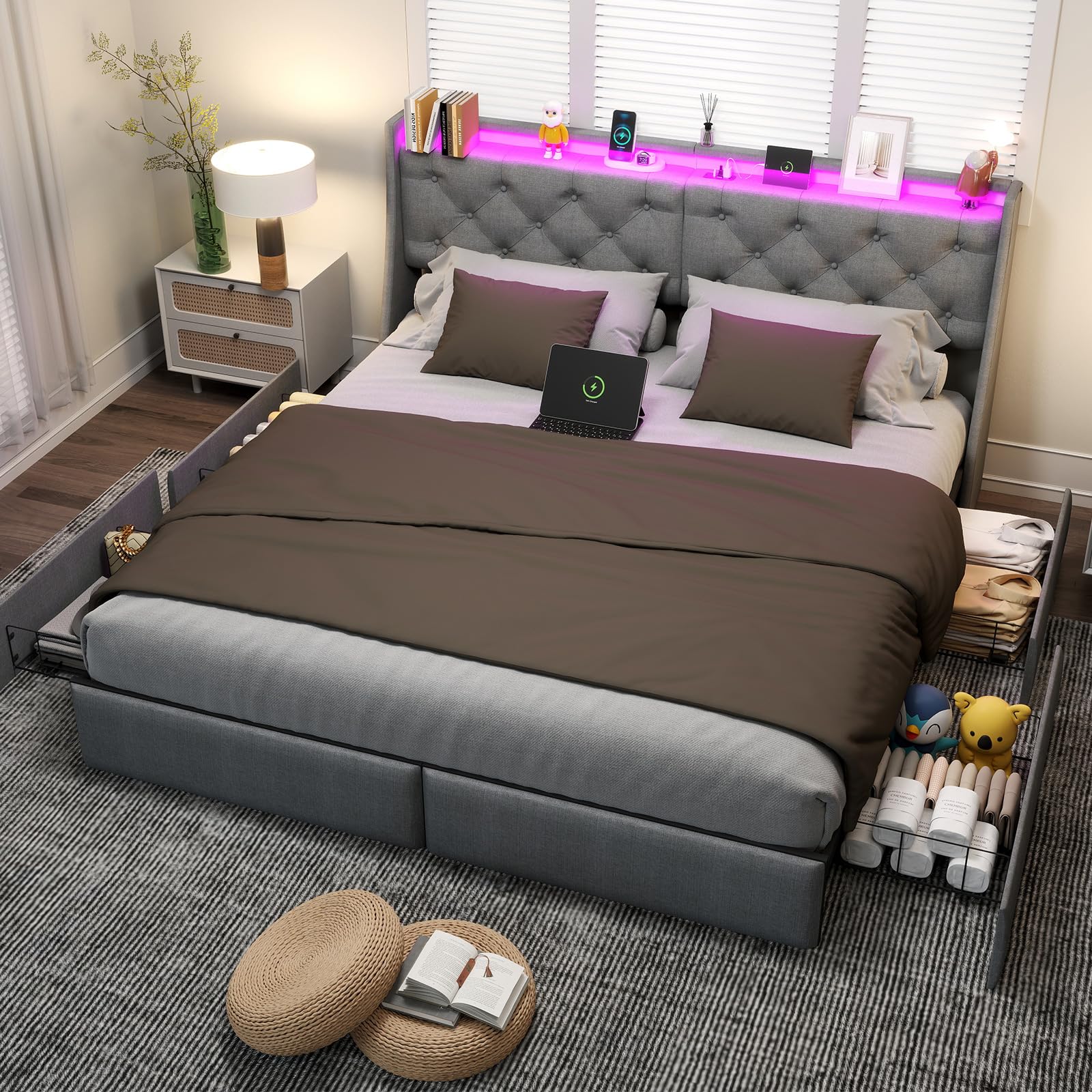 King Size Bed Frame with 4 Storage Drawers and ...