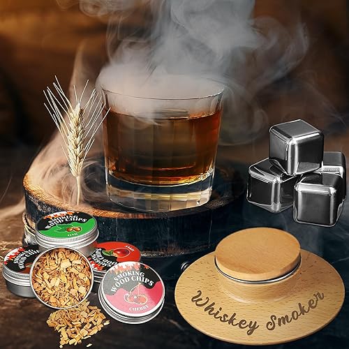 Kit de ahumador de whisky, regalos para hombres, 4 piezas de chips de madera de sabores + 4 cubitos de hielo de acero inoxidable, accesorios para