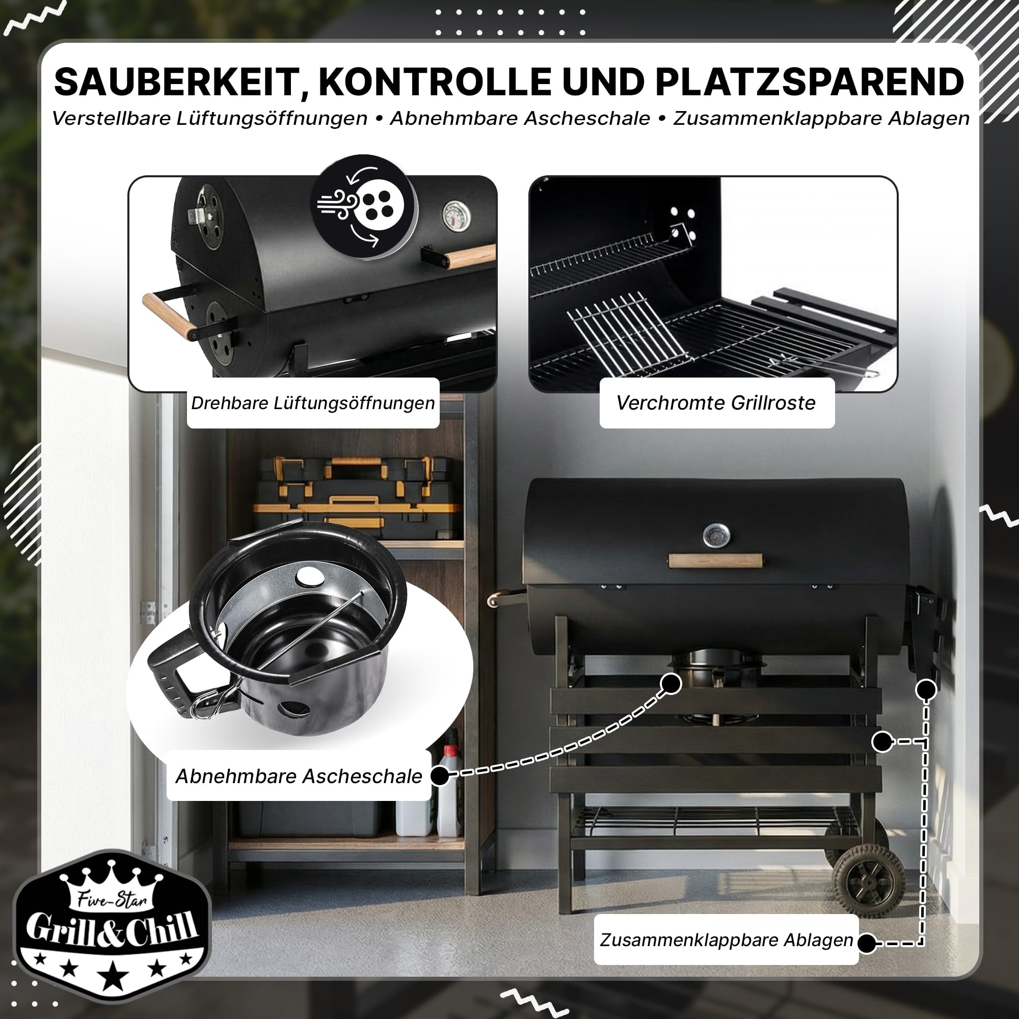Five-Star Grill&Chill Holzkohlegrill mit Deckel – Großer Grillwagen mit Chromrost 71×35 cm & Thermometer – Für Garten & Terrasse – Aschekasten, Lüftungsöffnungen, 2 Räder