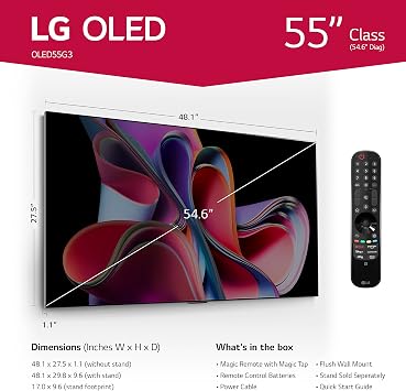 LG G3 Series 55-Inch Class OLED evo 4K Processor Smart Flat Screen TV for Gaming with Magic Remote AI-Powered Gallery Edition OLED55G3PUA, 2023 with Alexa Built-in