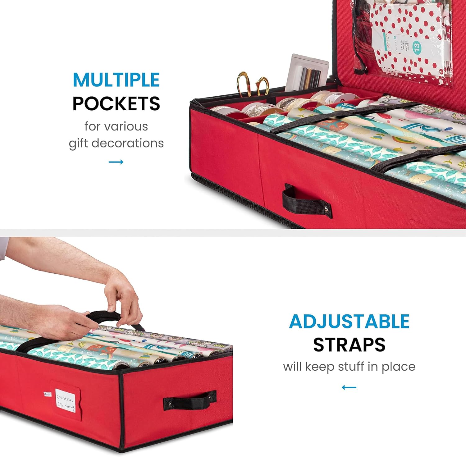 ZOBER Gift Wrapping Paper Organizer Storage - 40" Gift Wrap Storage Containers with Interior Pockets for Bows, Tags & Ribbons - Wrapping Paper Holder, 600D Oxford, Fits 24 Standard Rolls, Red/Black - Image 9