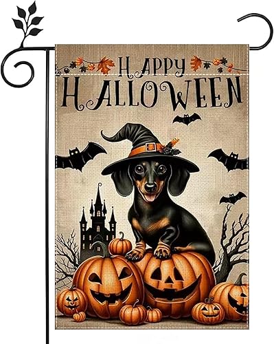 Happy Halloween Dog Garden Flag for Outside 12x18 Inch Double Sided, Burlap Holi