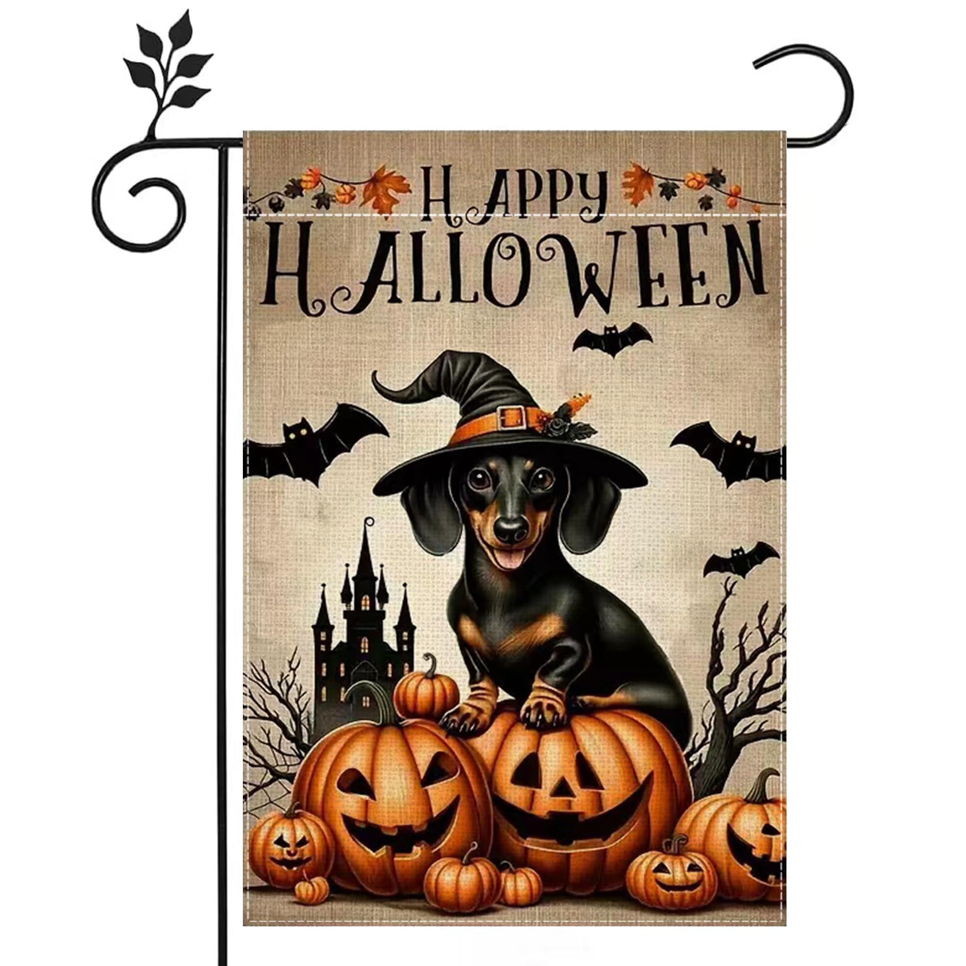 Drapeau de jardin Halloween teckel 30,5x45,7 cm double face pour décoration extérieure de porche