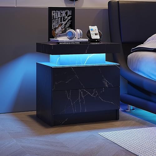 Yoluckea Mesita de noche LED para dormitorio moderna de madera de alto brillo 2 cajones mesita de noche blanca con tapa abatible compartimento de