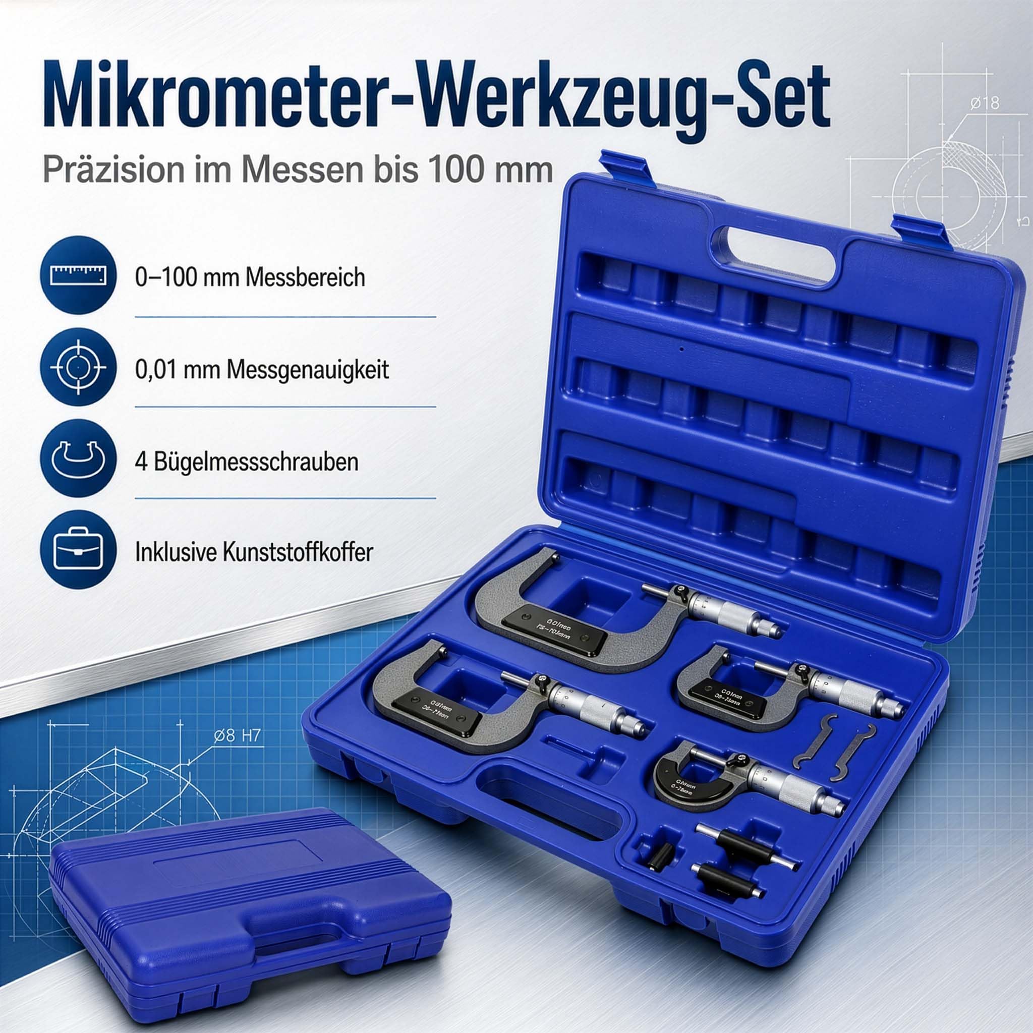 Set de 4 micrómetros 0-100mm Calibrador Micrómetro de exteriores Tornillo Palmer Medición Precisión