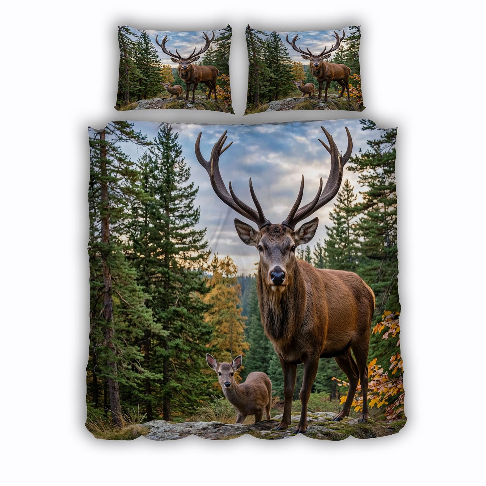 Housse de Couette 220x240 Parure de Lit Animaux Cerfs pour Ambiance Chalet au Coeur de l'Hiver