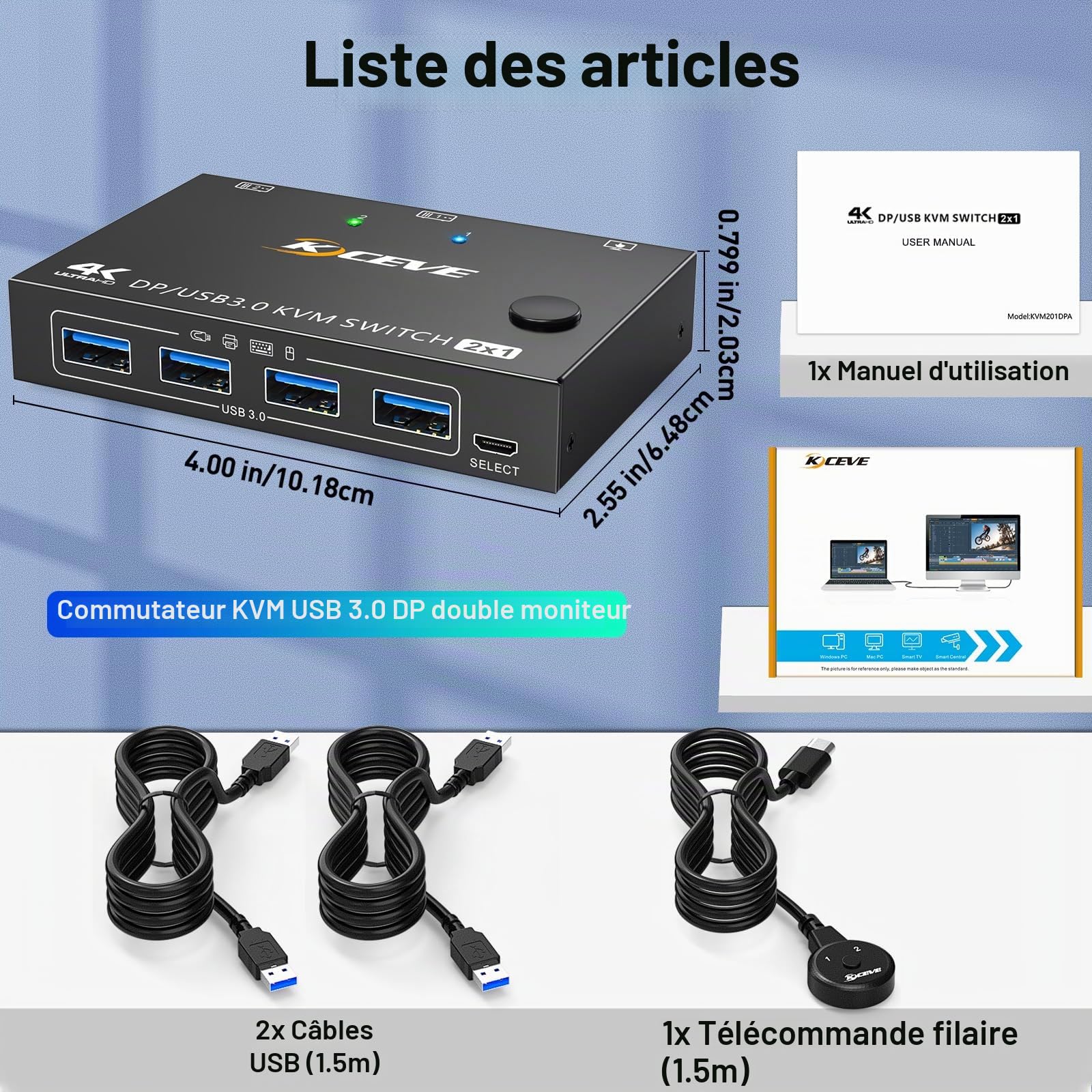 Commutateur KVM USB 3.0 Displayport 2 ports 8K à 30 Hz 4K à 144 Hz, commutateur KVM 2 PC 1 moniteur prenant en charge DP1.4 compatible avec D1.2, avec 4 ports USB 3.0 pour claviers et souris, etc.