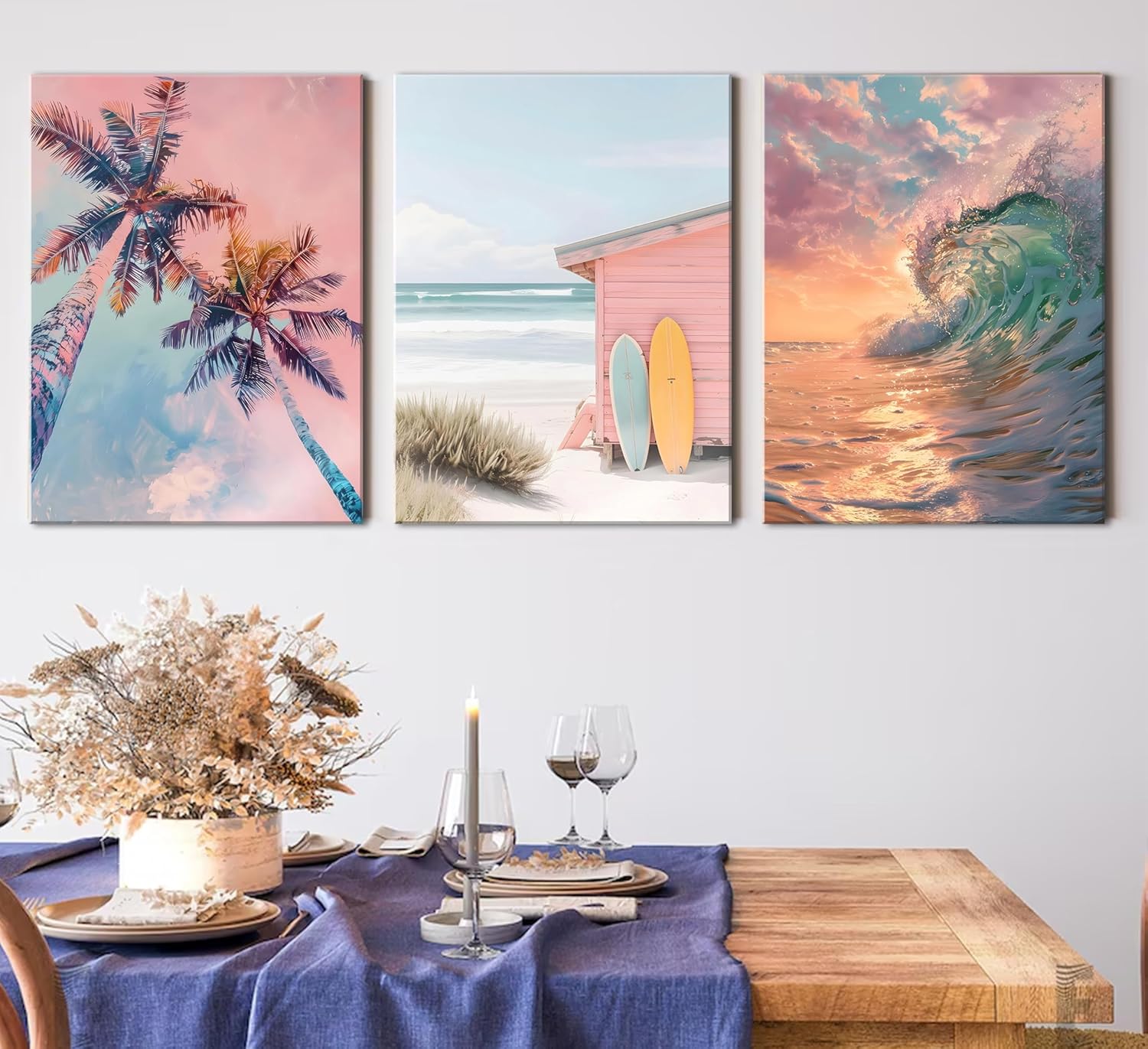 3Pcs Coastal Summer Surf Canvas Wall Art Preppy Aesthetic Tropical Beach Painting Picture Wall Decor Palm Trees Surfboard Waves Poster Print Artwork for Bathroom Bedroom Living Room Home Decoration