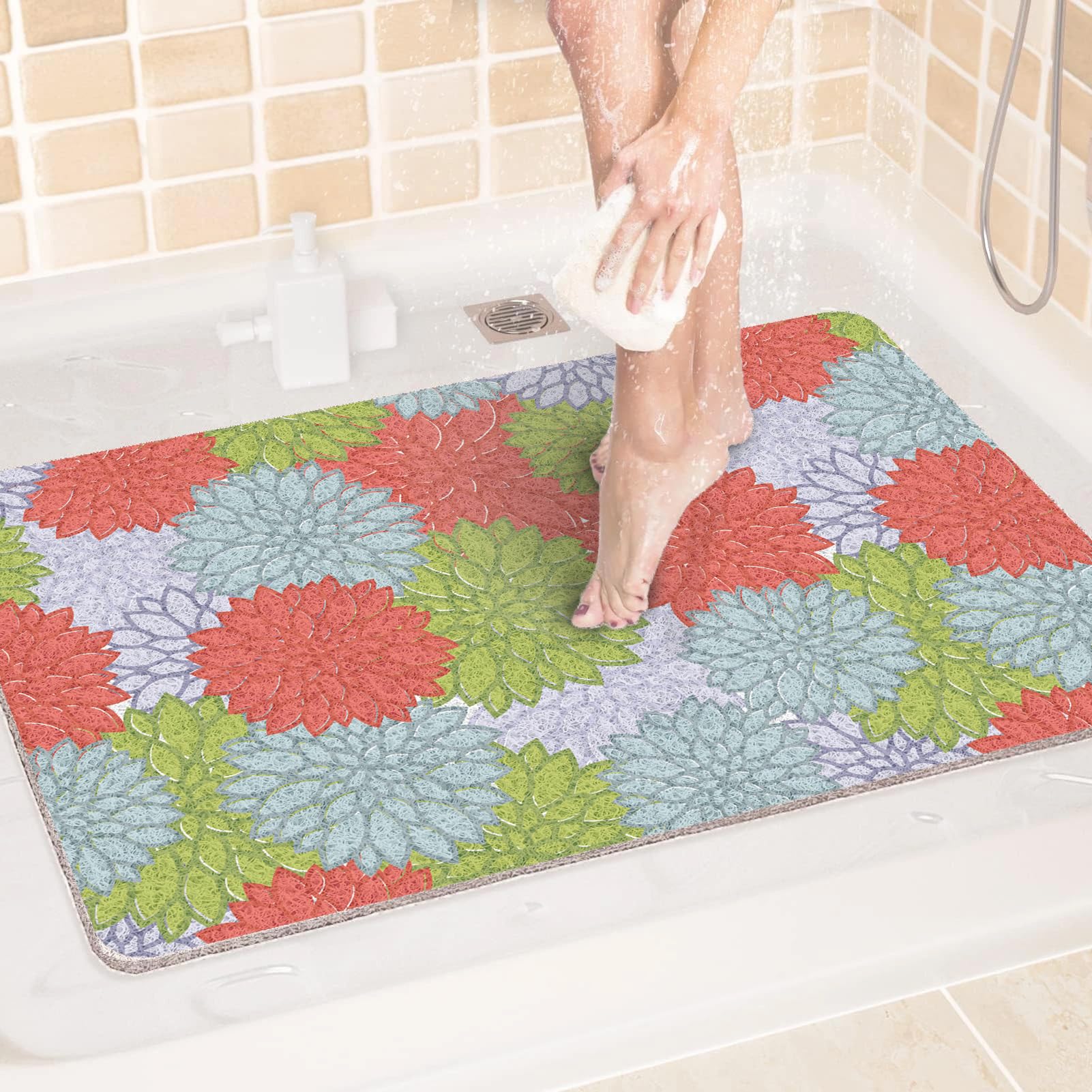 Shower Mat Non Slip, 140x150cm Soft PVC Loofah Bath Mat for Inside Shower, Bathtub Mats Anti Slip With Drain, Quick Drying Bathroom Pad, Green Pink Red