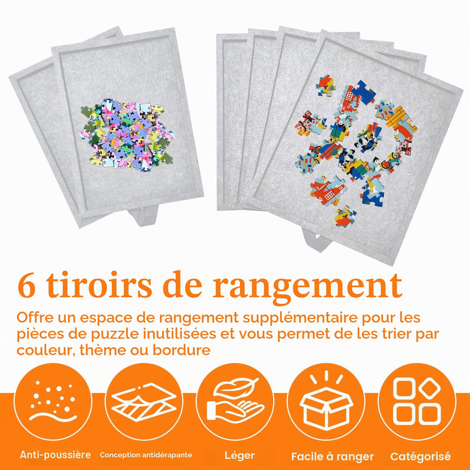 Planche à Puzzle Pliable 1000 pièces, Portable, 2 en 1 Planche à Puzzle Portable avec 6 Tiroirs & Couvercle, Planche de Puzzle, Table de Puzzle, Cadeau de Noël pour Adultes, Enfant (Gris)