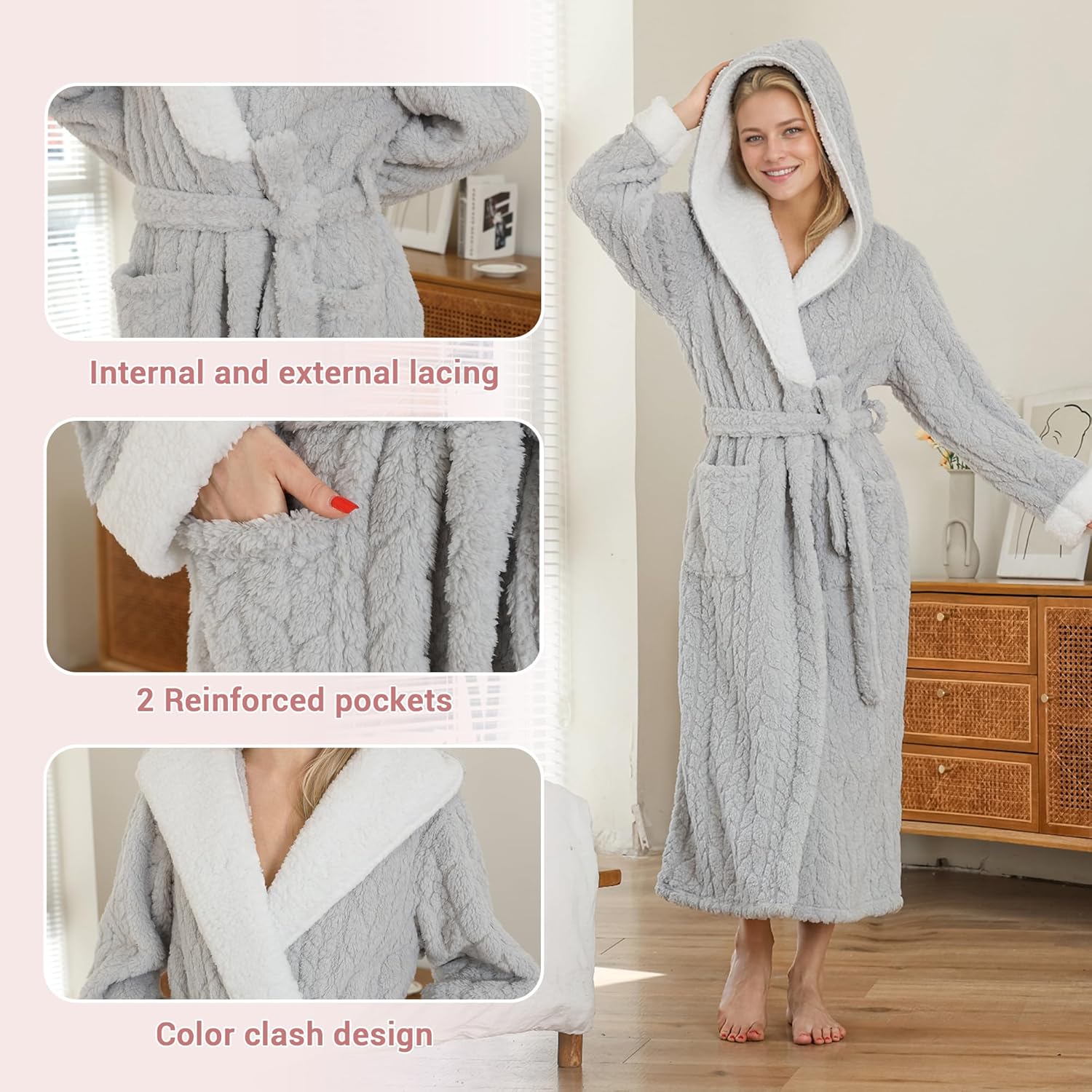 LYCY Plush Full-Length Hooded Robe for Women, Warm Winter Fleece Bathrobe with Pockets - Image 2