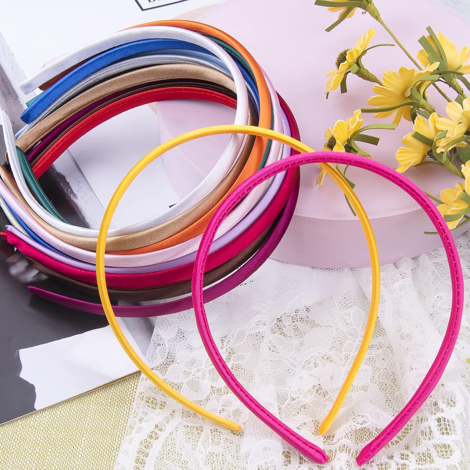 SIQUK 18 Pieces Satin Headbands Colourful Non-slip Headband 0.39 Inch DIY Satin Covered Headband for Women and Girls 18 Colours - Image 5