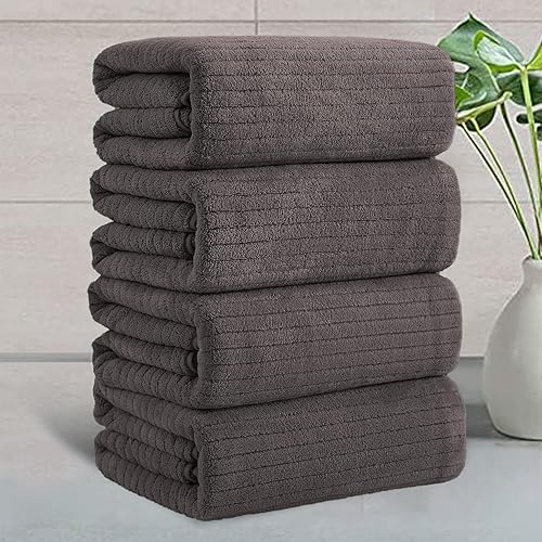 Juego de 4 toallas de baño grandes a rayas marrones, toallas de baño de gran tamaño, súper suaves, transpirables, gigantes, altamente absorbentes,