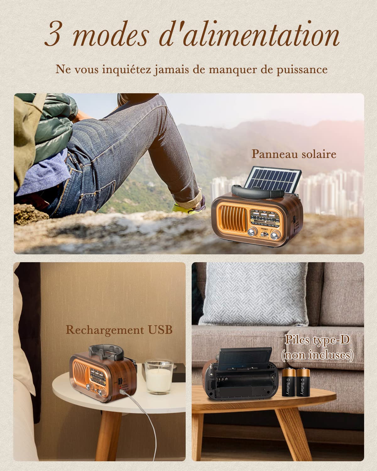 PRUNUS J-02 AM/FM/SW Weltempfänger Radio Klein, Solar Radio mit Akku 1800mAh oder D-Zellen Batterien, Transistorradio mit Zwei Antennen, Kofferradio unterstützt Bluetooth 6.0/TF-Karte/USB Spielen