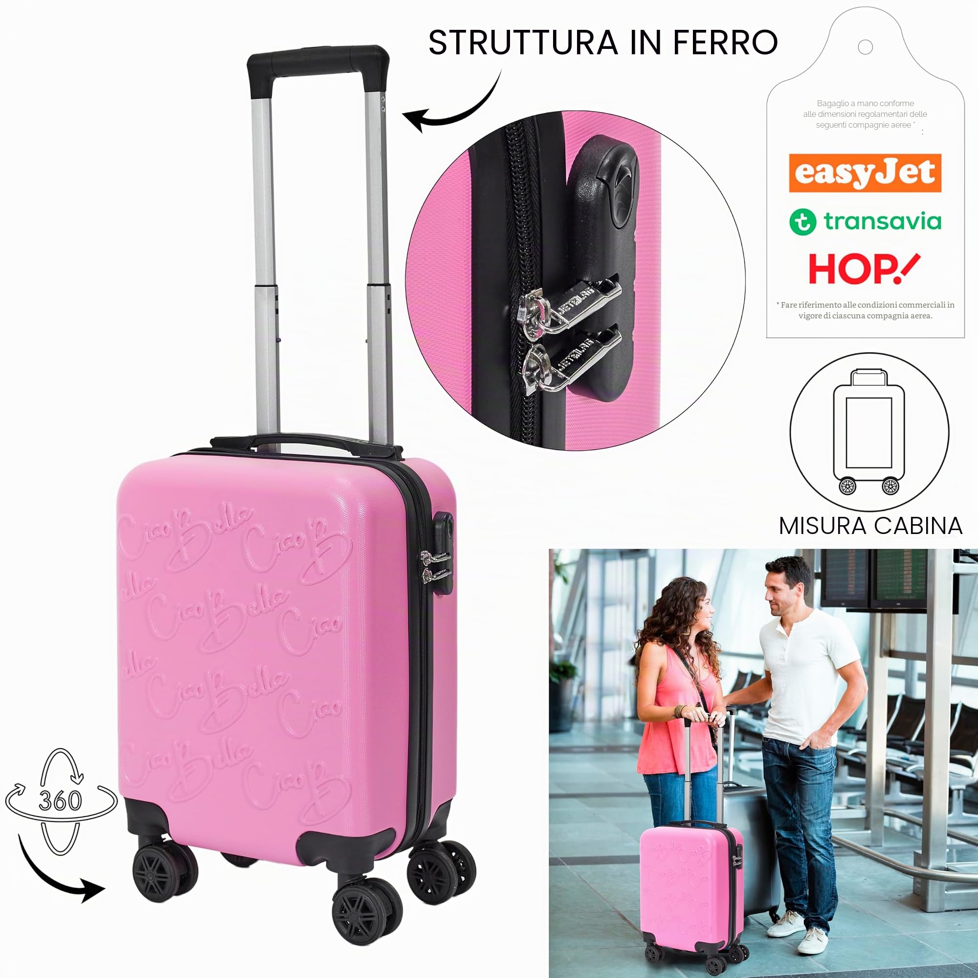 JET LAG, VO00071, Valigia Cabina in Rilievo Rosa 29L, Valigia cabina compatta e spaziosa, Guscio rigido in ABS, Ruote pivotanti a 360°, Maniglia retrattile, Lucchetto di sicurezza
