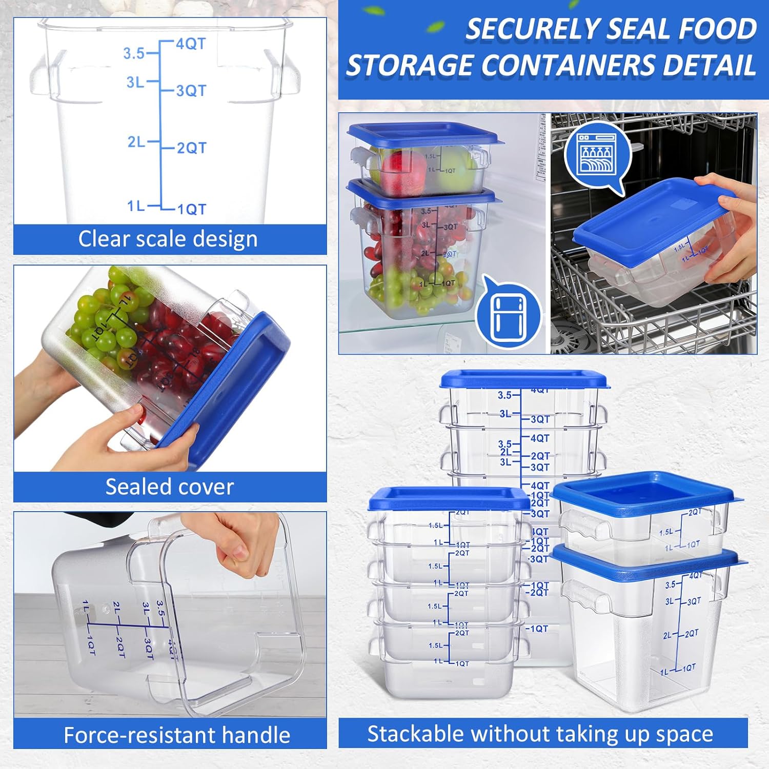 Yungyan 16 Pcs Restaurant Food Storage Containers with Lids Set 2Qt and 4Qt Commercial Restaurant Square Storage Containers Clear Food Cereal Container for Kitchen Freezer (Blue Lids)