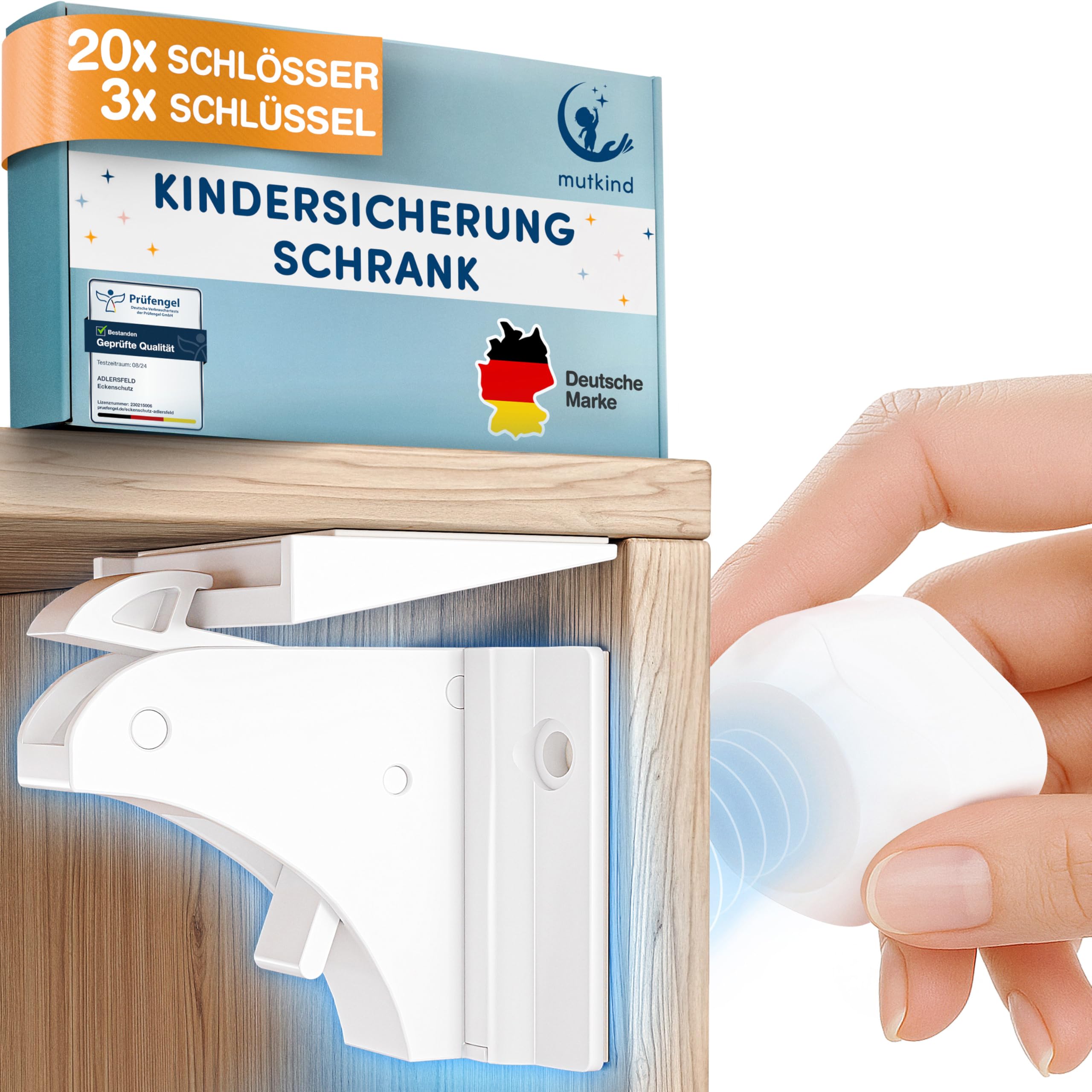 MUTKIND® 20x Magnetische Kindersicherung (Mit starkem TESA-Kleber) + 3x Schlüssel - 100% unsichtbare Kindersicherung Schrank und Schubladen - Schubladensicherung & Schranksicherung Baby ohne Bohren