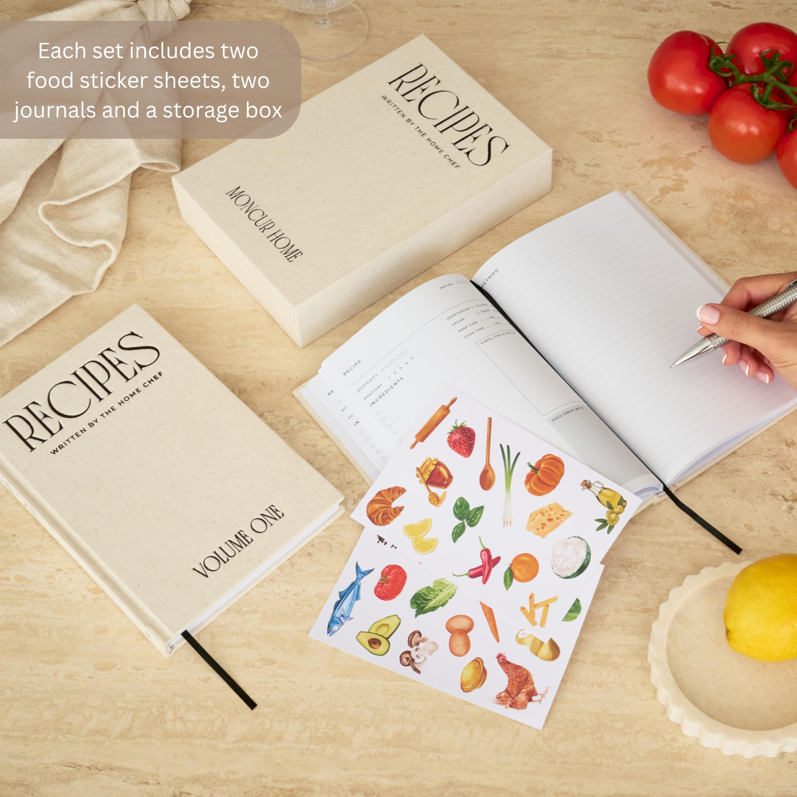 Moncur Home Juego de 2 libros de recetas en blanco para escribir en tus propias recetas, caja de recetas de lino beige, hojas adhesivas, cuaderno de recetas, libro de cocina, diario de recetas,