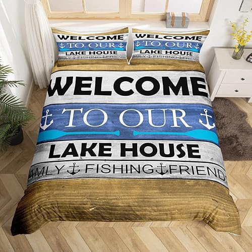 Miniatura 5 de Erosebridal Juego de funda de edredón de casa del lago tamaño Queen, juego de ropa de cama de pesca para adultos, hombres, niños, funda de edredón
